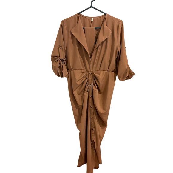 Amazon Tan Button Ruched Bandage Shirt Maxi Dress Size Medium - Picture 2 of 6